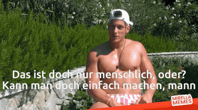 a shirtless man is sitting in front of a sign that says mirella memes on it