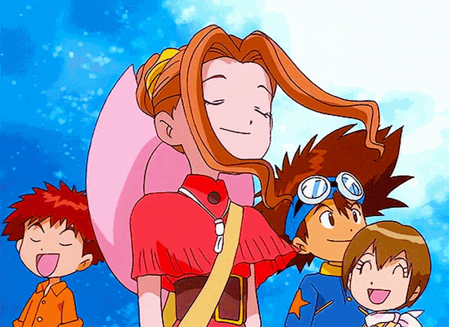 a group of cartoon characters with one wearing a goggles with the letter i on it