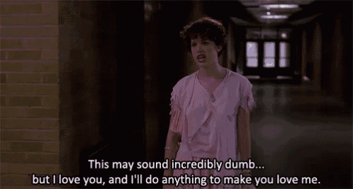 a girl in a pink dress says " this may sound incredibly dumb ... but i love you "