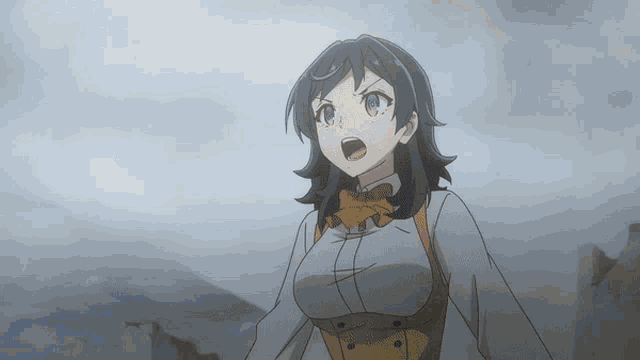 a girl with a bow tie is standing in a cloudy area