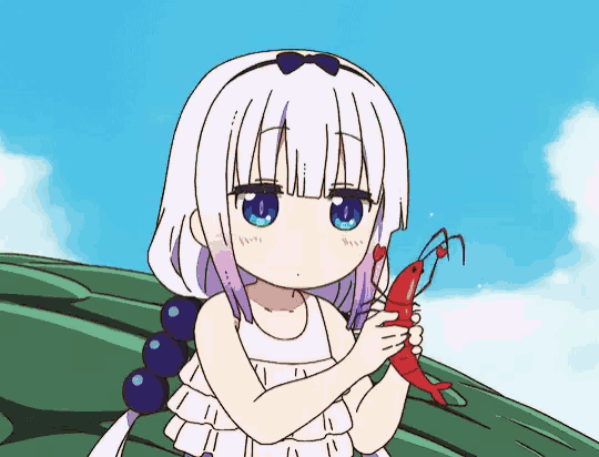 a girl with purple hair is holding a red shrimp in her hands