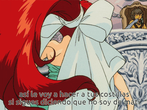 a cartoon of a woman with red hair and the words " así le voy a hacer a tus costillas si sigues diciendo "