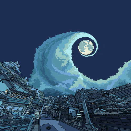 a pixel art drawing of a full moon in a swirl of clouds