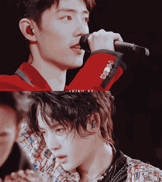 a close up of a man singing into a microphone with akiko xx on the bottom