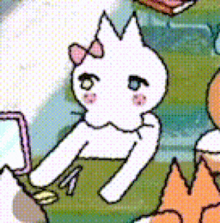 a cartoon of a white cat with a pink bow on its head
