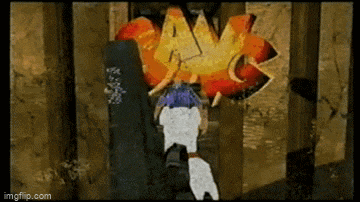 a cartoon of a man standing in front of a wall with graffiti on it