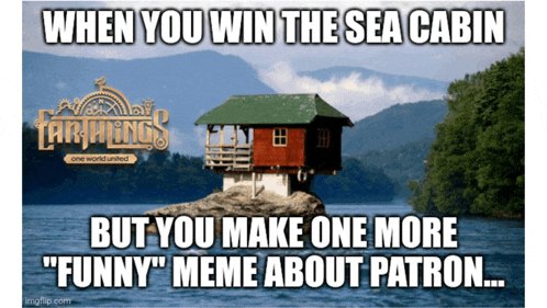 a picture of a small house on a rock in the middle of a body of water