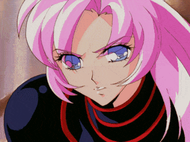 a girl with pink hair and blue eyes looks angry
