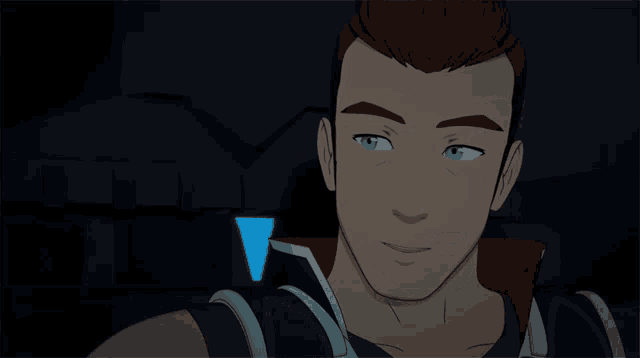 a cartoon character with brown hair and blue eyes is smiling