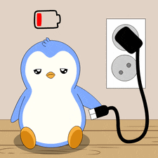 a penguin is plugged into an electrical outlet and has a low battery icon above it