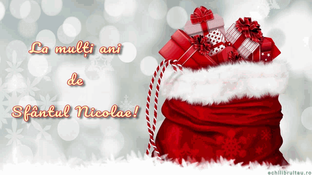 a christmas card with a santa bag full of presents and the words la multi ani de sfantul nicolae