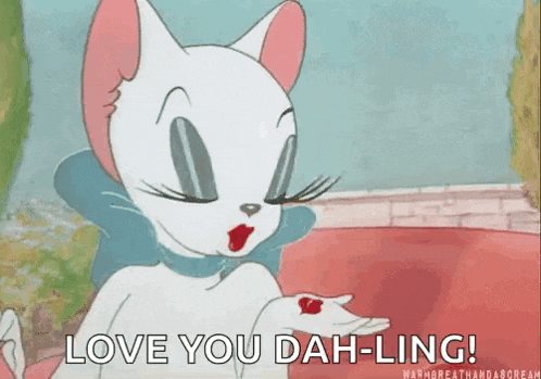 a cartoon cat is holding a heart in her hand and saying `` love you dah ling '' .
