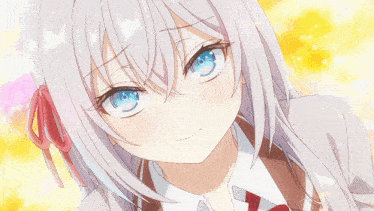 a girl with white hair and blue eyes looks sad