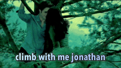 a man and woman in a tree with the words climb with me jonathan above them