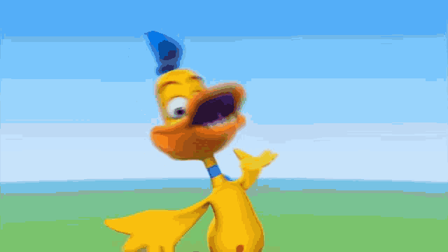 a cartoon duck with a purple tongue and a blue hat