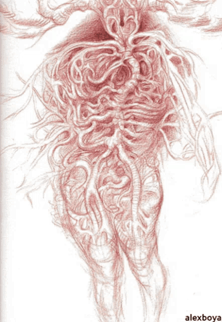 a drawing of a monster with the name alex boya on the bottom right