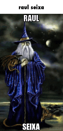 a painting of a wizard with a dragon and the words raul seixa raul seixa on the bottom