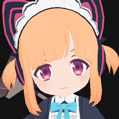a cartoon girl with orange hair and pink eyes wearing a maid outfit