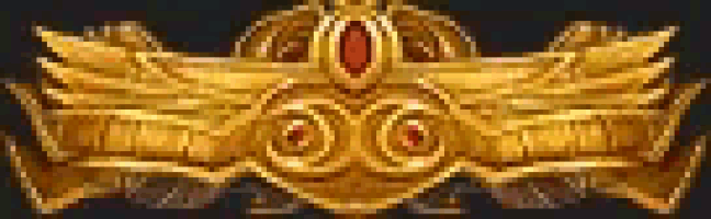 a close up of a gold emblem with wings and a red center on a black background .