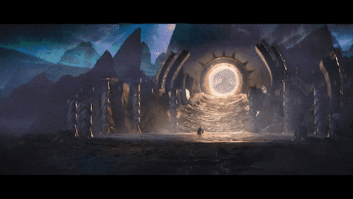 a man stands in front of a large portal with a circle in the middle