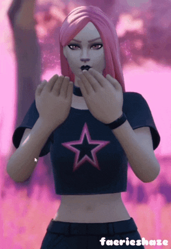 a woman with pink hair is wearing a black shirt with a pink star on it