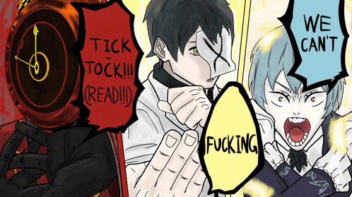 a drawing of a man and a woman with the words tick tock read and we can t