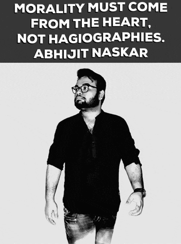 a black and white photo of a man with glasses and a quote from abhijit naskar