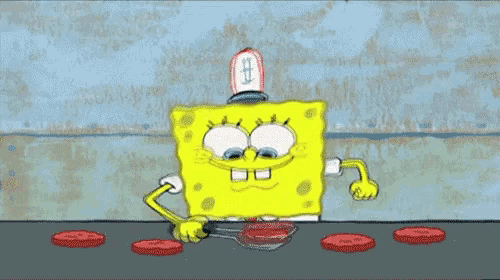 a cartoon of spongebob making hamburgers with ketchup on a table