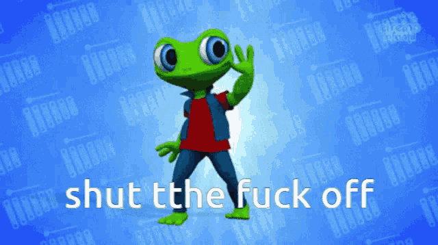 a frog is standing in front of a blue background that says " shut the fuck off "