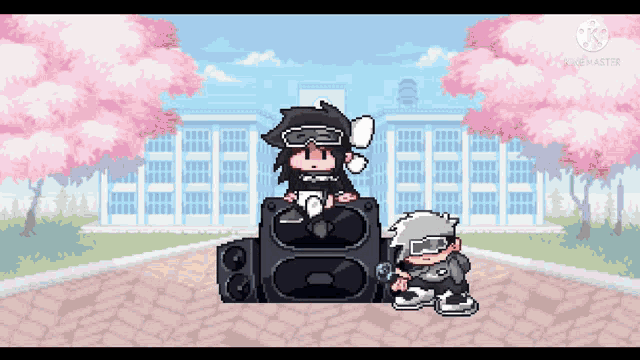 a pixel art of a boy sitting on a speaker in front of a building