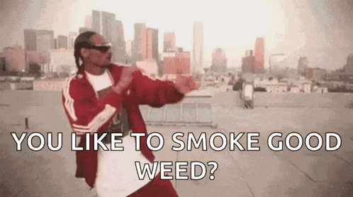 snoop dogg is dancing on a rooftop with the words `` you like to smoke good weed ? '' .