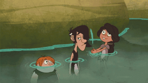 three cartoon characters are swimming in a river