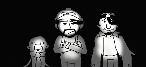 a group of cartoon characters are standing next to each other in a dark room .