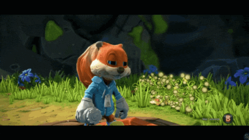 a cartoon squirrel in a blue jacket is standing in a field with the letter b on the bottom right