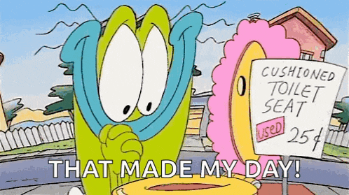 two cartoon characters are standing next to each other in front of a sign that says cushioned toilet seat