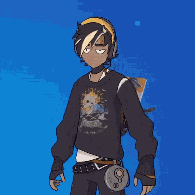 a cartoon character with a skull on his shirt holding a cake