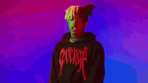a pixel art of a man wearing a hoodie with the word revenge on it