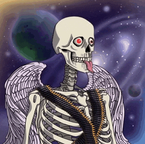 a cartoon drawing of a skeleton with wings and a bullet belt around his chest