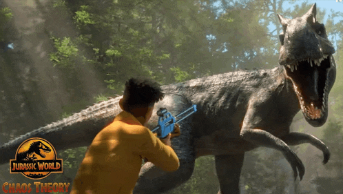 a poster for jurassic world chaos theory shows a man shooting a gun at a dinosaur