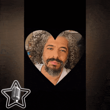 a man with curly hair and a beard is surrounded by a heart shaped frame