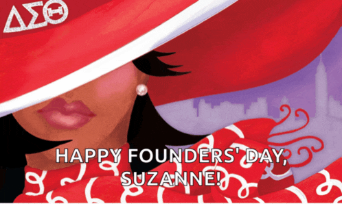 a woman wearing a red hat and a red and white dress says happy founders ' day suzanne