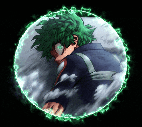 a person with green hair is in a circle with green lightning around them