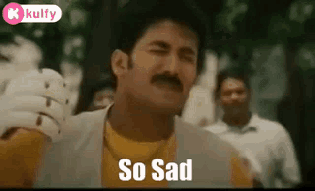 a man with a mustache is standing in front of a crowd and says `` so sad '' .