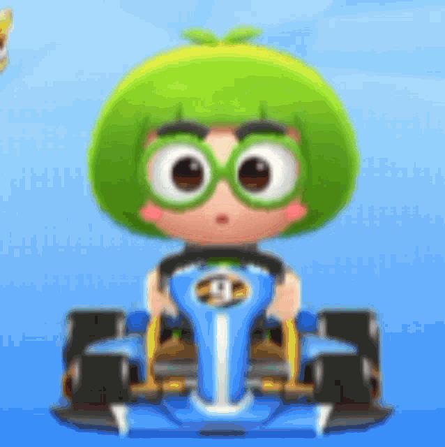 a cartoon character with green hair is driving a blue kart .