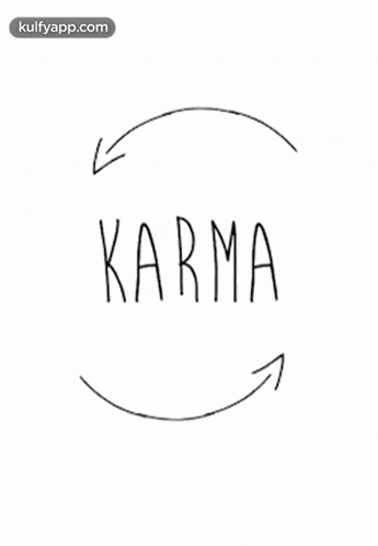 a black and white drawing of the word karma with two arrows .
