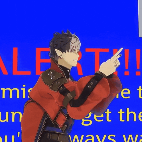 a man in a red jacket is pointing at something in front of a blue background that says alert