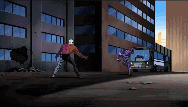 a cartoon scene with a bus in the background