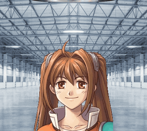 a girl with pigtails is smiling in front of a large building