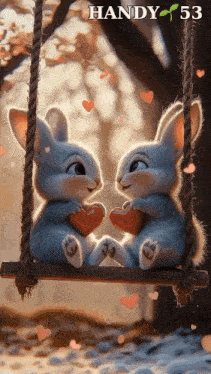 two rabbits are sitting on a swing holding hearts and the words handy 53 are above them