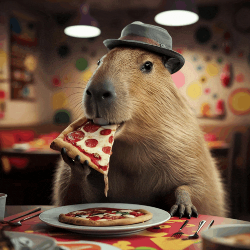 a capybara wearing a hat is eating a pepperoni pizza